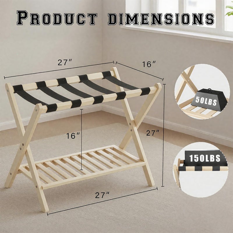 GAOHAPY Bamboo Luggage Rack with Shoe Shelf Folding Suitcase Stand with 5 Heavy-Duty Straps for Guest Room Living Room Hotel Ideal Luggage Holder for Suitcases Bags Shoes,Nature - Image 4